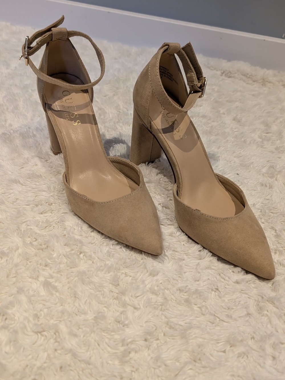 Guess Pointed Toe Ankle-Strap Heels - Beige